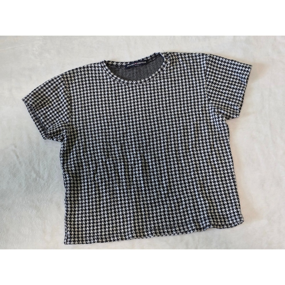 Brandy Melville Black White Houndstooth Short Sleeve Knit Top One Size Italy Y2K